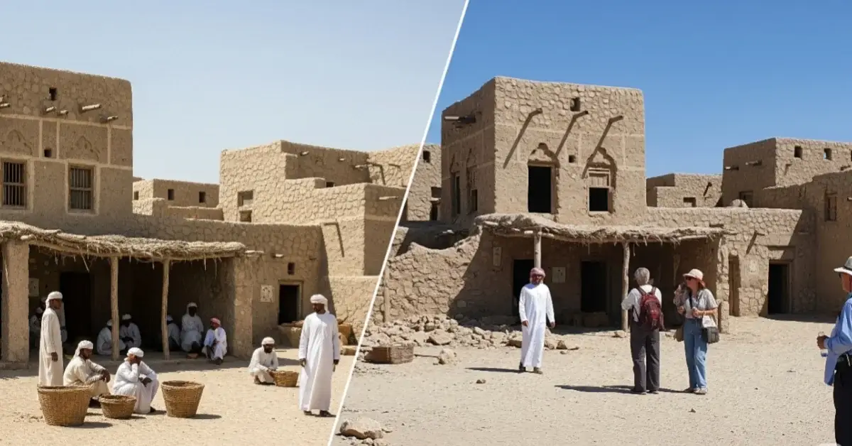 “Side-by-side comparison of a pearl diving village in the early 1900s and its modern-day ruins in the UAE.”