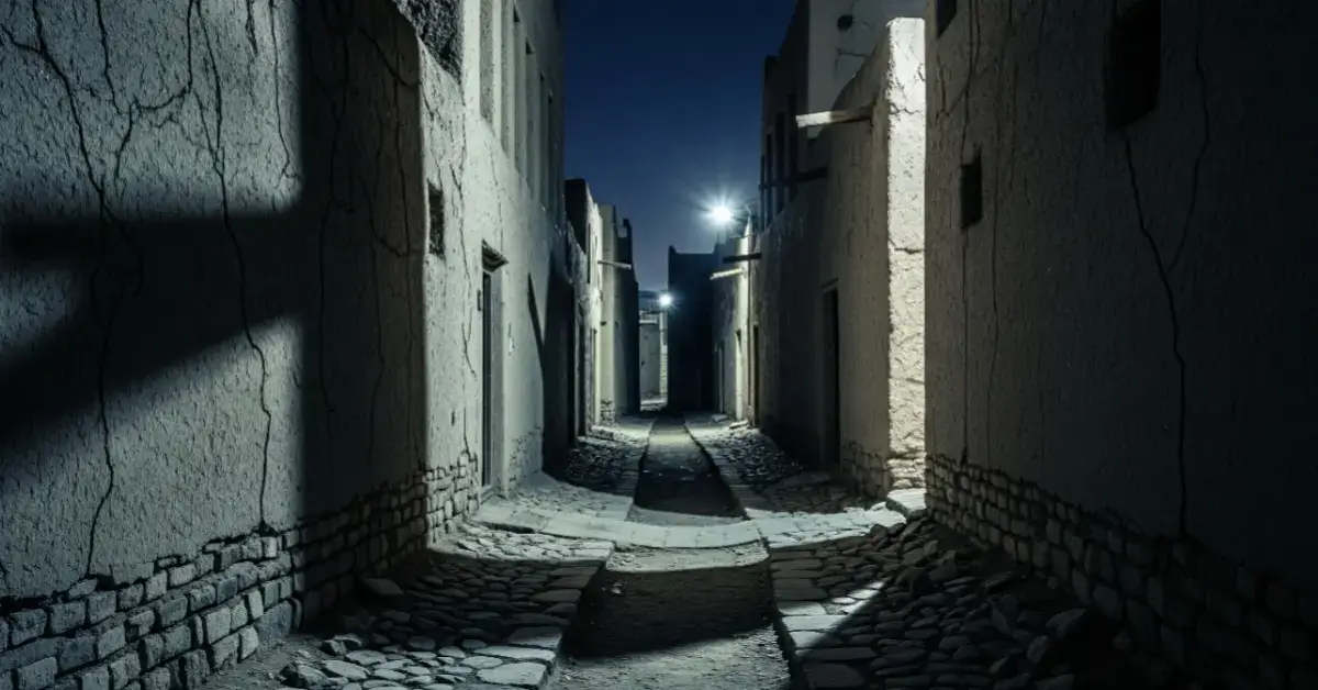 "Narrow alleyways between traditional Gulf-style houses in the ghost village of Al Jazirah Al Hamra"